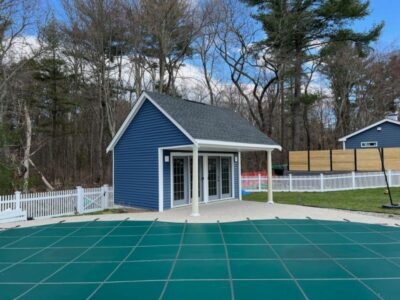 #44 (10' x 16' Vinyl Custom Pool House Shed With 6' Front Overhang)