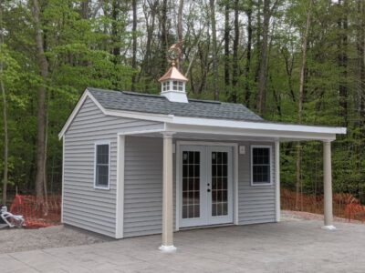 (12' x 16' Vinyl Custom Pool House Shed With 6' Front Overhang)